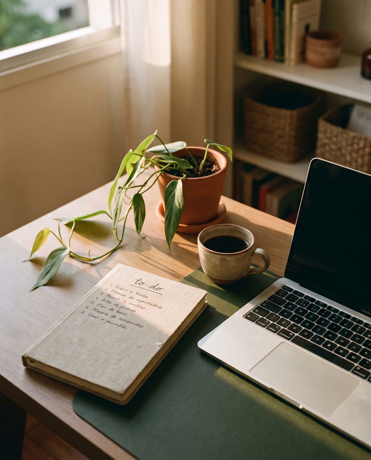 Mesa de trabalho em casa com notebook, caderno, café e uma planta, iluminada pela luz da tarde